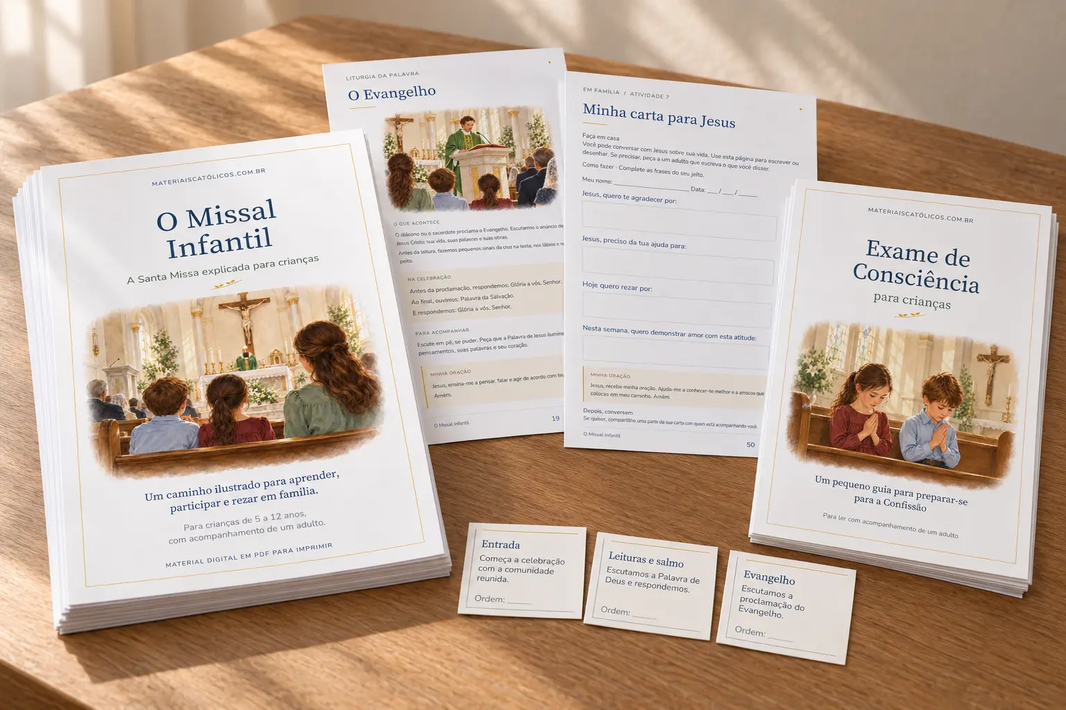 O Missal Infantil e o bônus Exame de Consciência para Crianças, apresentados impressos.