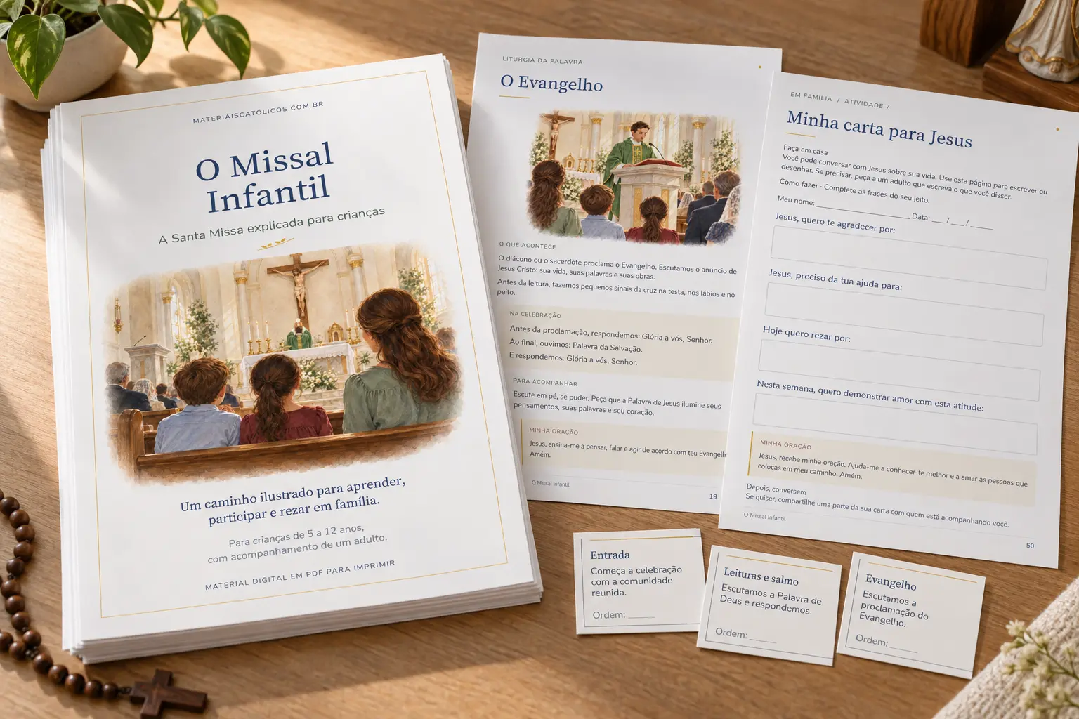 Missal impresso com exemplos de páginas internas e cartões de uma das atividades.