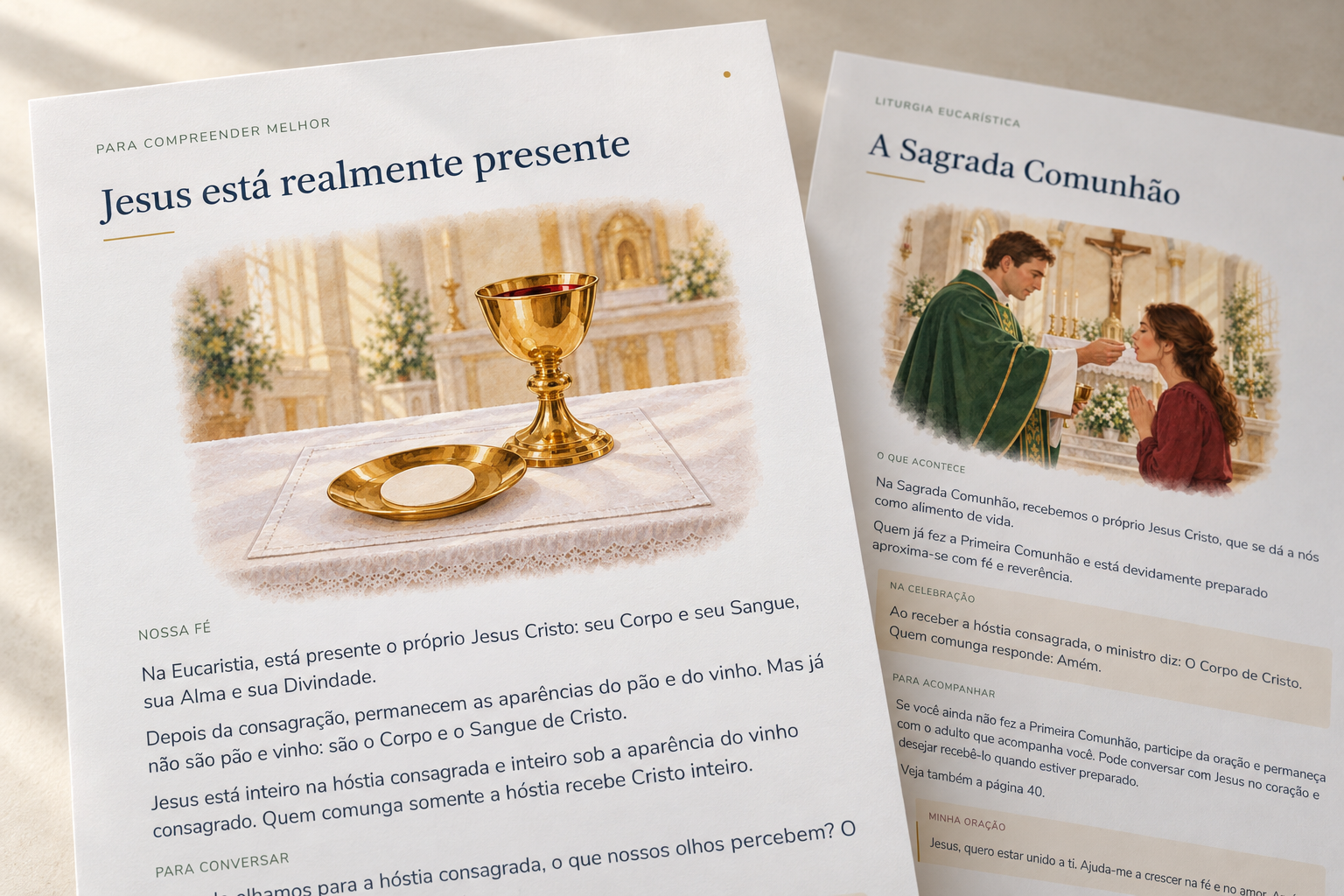 Explicação sobre a presença real de Jesus na Eucaristia e página sobre a Comunhão.